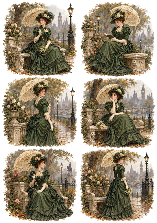 Sticker Sheet / Greeting Card – Victorian Green Gowns in London Park Collage Cat. No 10755