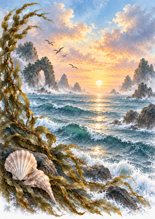 Sticker Sheet / Greeting Card – Misty Coastal Sunset with Kelp and Shells Full Cat. No 10763