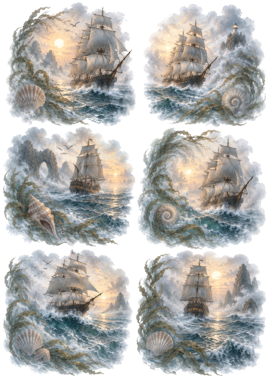 Sticker Sheet / Greeting Card – Dreamy Watercolour Ships at Sea Collage Cat. No 10764