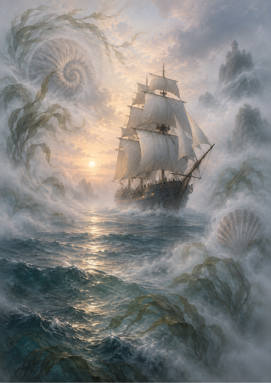 Sticker Sheet / Greeting Card – Misty Tall Ship at Dawn Full Cat. No 10765