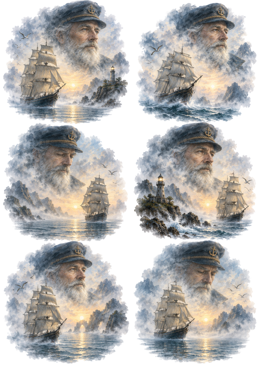 Sticker Sheet / Greeting Card – Misty Sea Captain Maritime Vignettes Collage Cat. No 10768