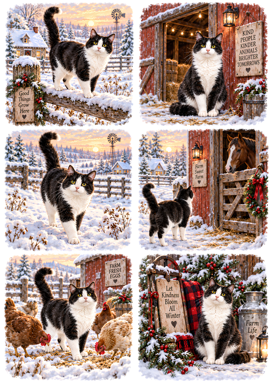 Sticker Sheet / Greeting Card – Winter Farm Cat Holiday Vignettes Collage Cat 10774