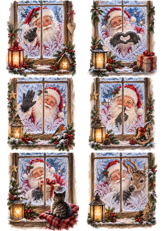 Sticker Sheet / Greeting Card – Santa & Frosty Window Collage Cat 10787