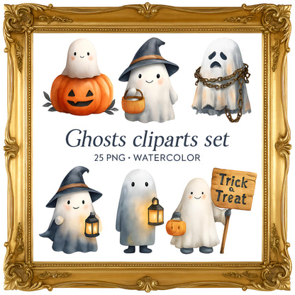 Watercolor Ghosts Clipart Set: Halloween Spooky Spirits (25 PNG)