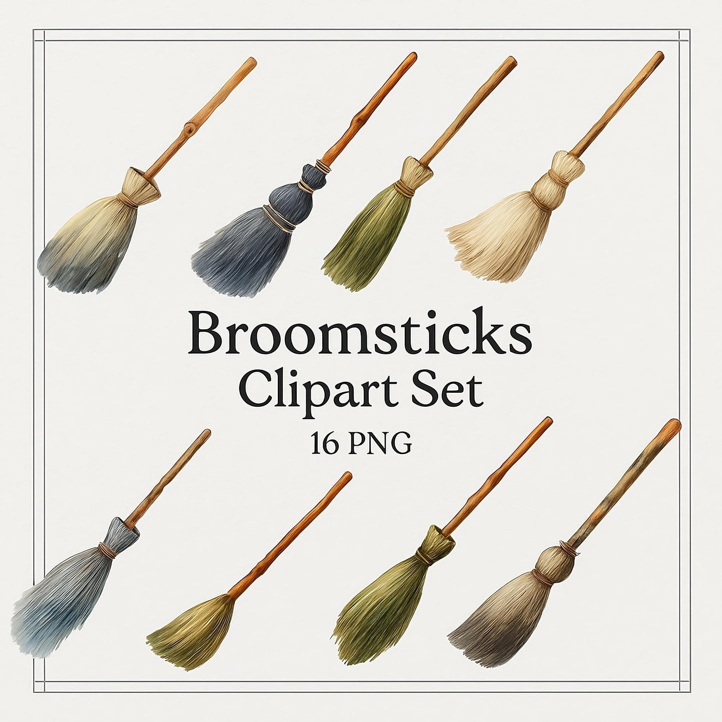 Watercolor Broomsticks Clipart Set: Halloween Witch Art (16 PNG)