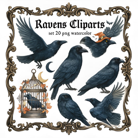Watercolor Raven Clipart Set: Gothic Halloween Birds (Instant Download, 20 PNG, 300 DPI)