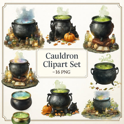 Watercolor Cauldron Clipart Set: Halloween Witch Potions (16 PNG)