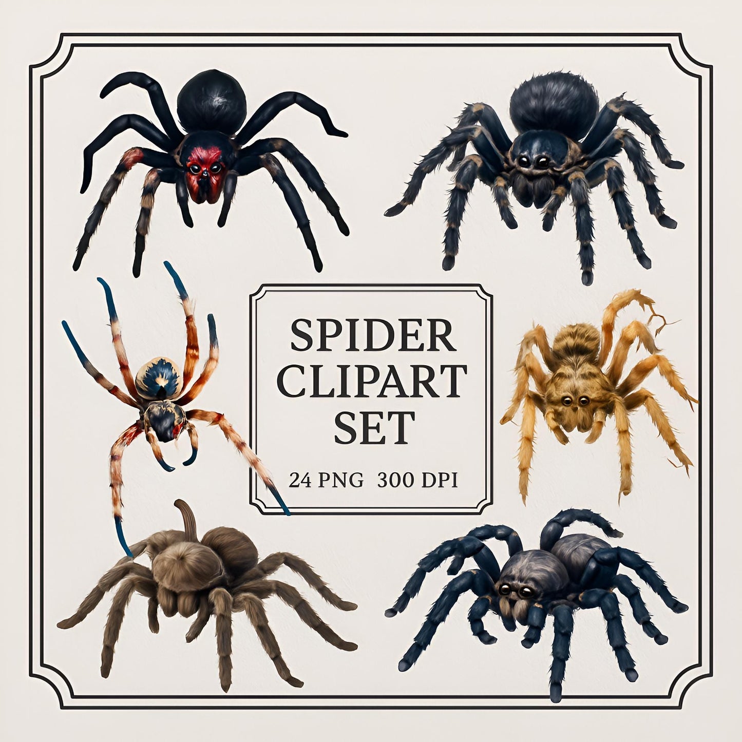 Spooky Halloween Spider Clipart – 24 PNG – Creepy Cute – Transparent Background – High Resolution 300 DPI