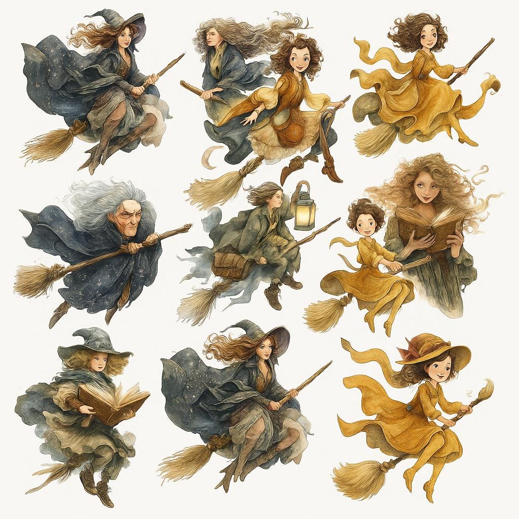 Watercolor Witch Clipart: Broomstick 16 PNG Set (Digital Download)