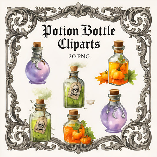 Watercolor Potion Bottles Clipart Set: Halloween Magic, 20 PNG (Instant Download)