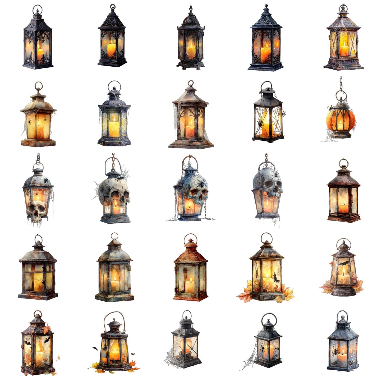 Watercolor Halloween Lanterns Clipart Set: 25 PNG, High Resolution (Digital Download)