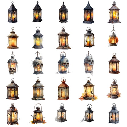 Watercolor Halloween Lanterns Clipart Set: 25 PNG, High Resolution (Digital Download)