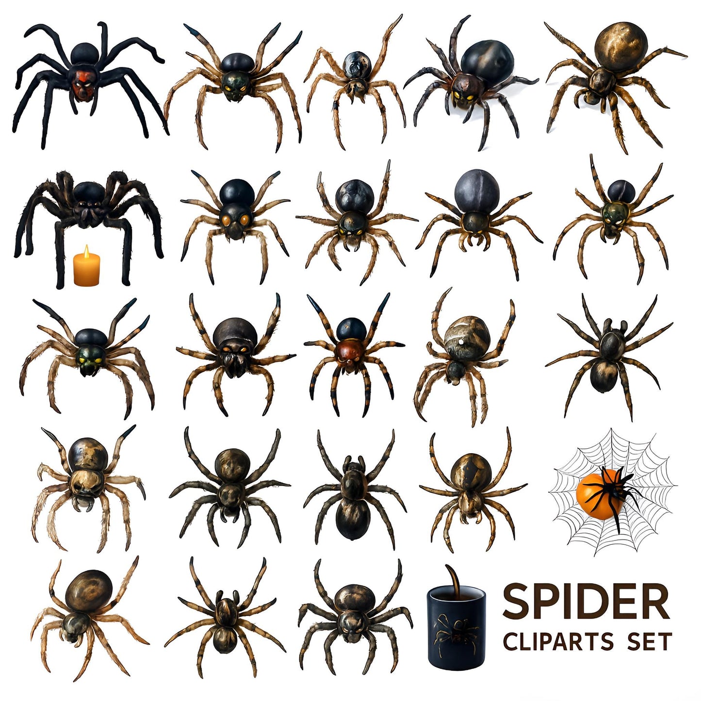 Spooky Halloween Spider Clipart – 24 PNG – Creepy Cute – Transparent Background – High Resolution 300 DPI