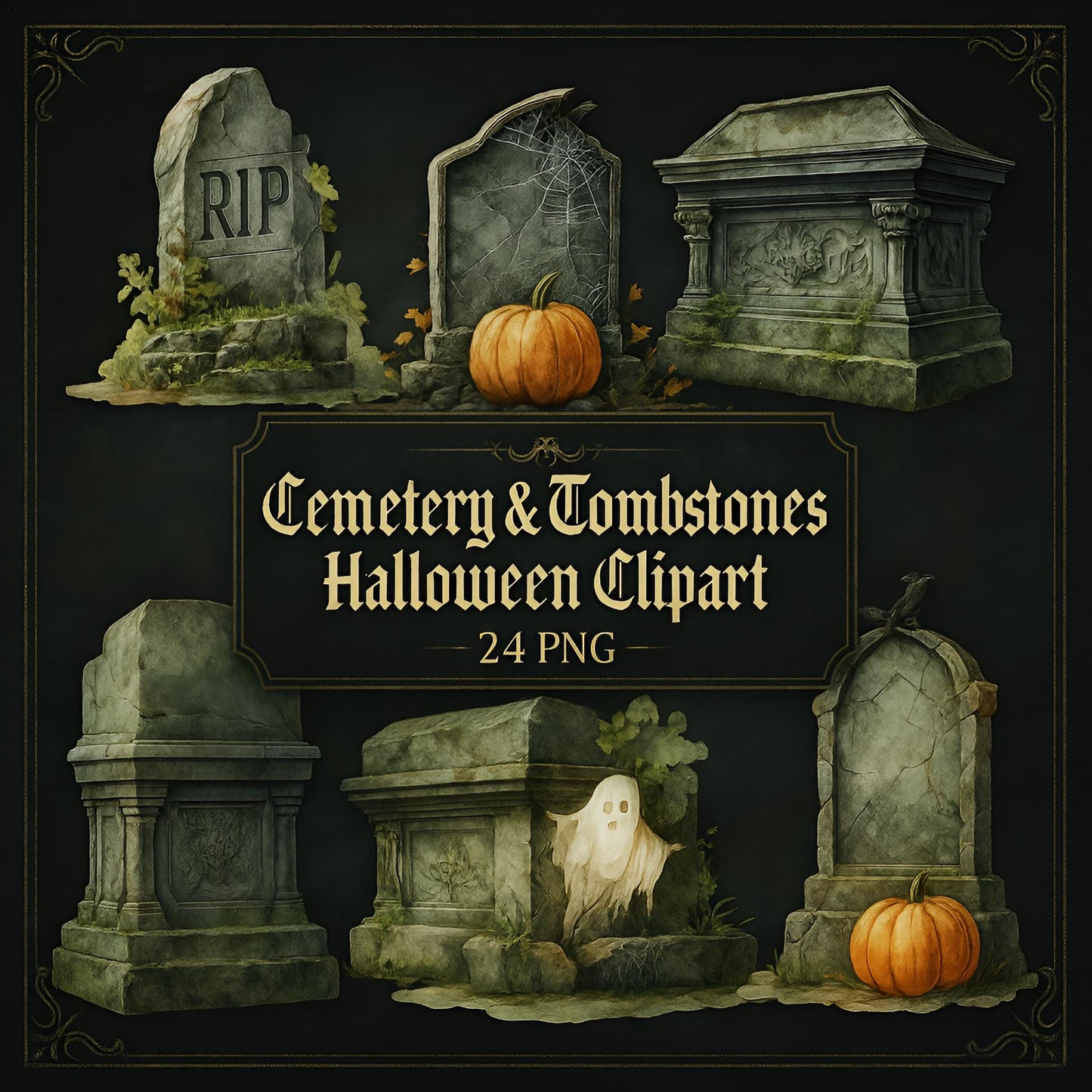 Halloween Tombstone Clipart – 24 Spooky PNGs – Graveyard Watercolor Set