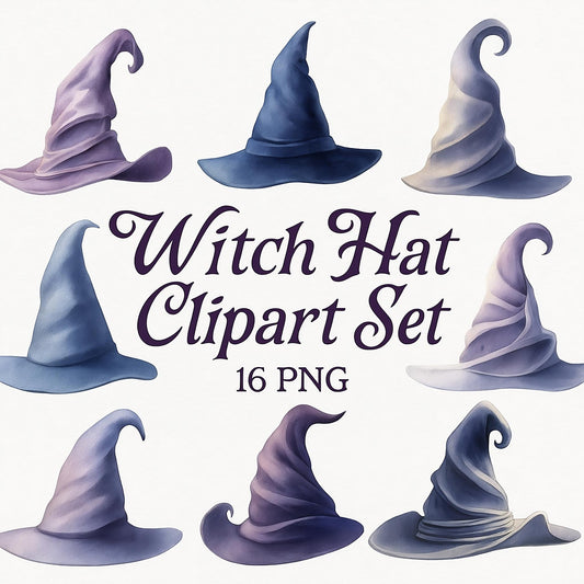 Witch Hat Clipart Set – 16 PNG – Halloween Hats – Transparent Background – Watercolor Style – High Resolution