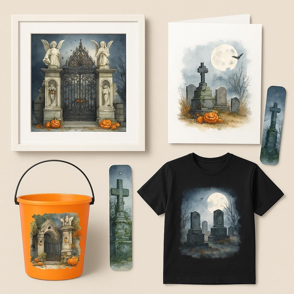 Watercolor Haunted Cemetery Clipart: Spooky Halloween Graveyard (25 PNG Digital Download