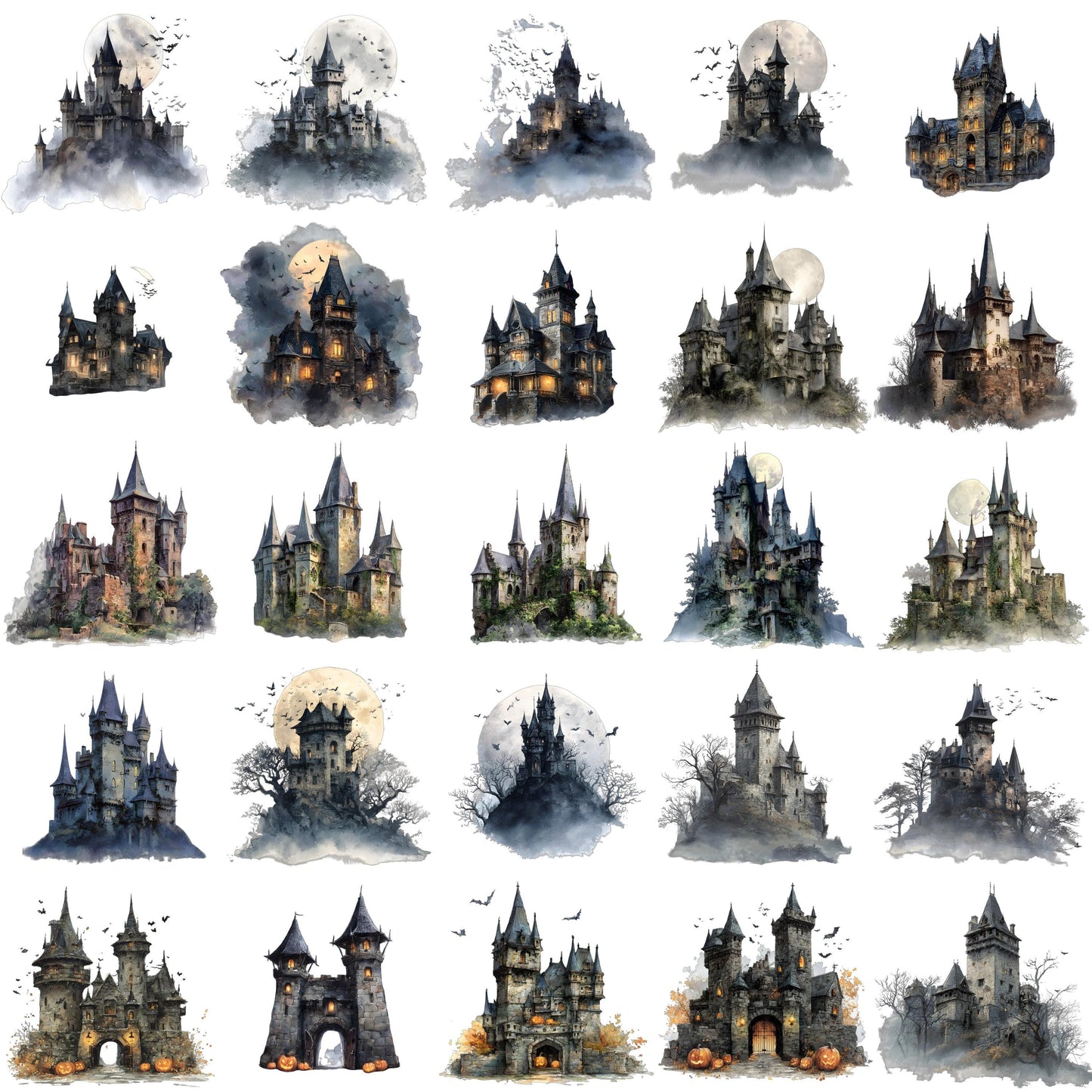 Halloween Watercolor Mega Clipart Bundle – 800+ PNG – Witches, Castles, Ghosts, Pumpkins, Skeletons, Magic Elements and much more – 300 DPI