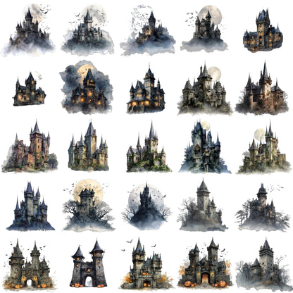 Halloween Watercolor Mega Clipart Bundle – 800+ PNG – Witches, Castles, Ghosts, Pumpkins, Skeletons, Magic Elements and much more – 300 DPI