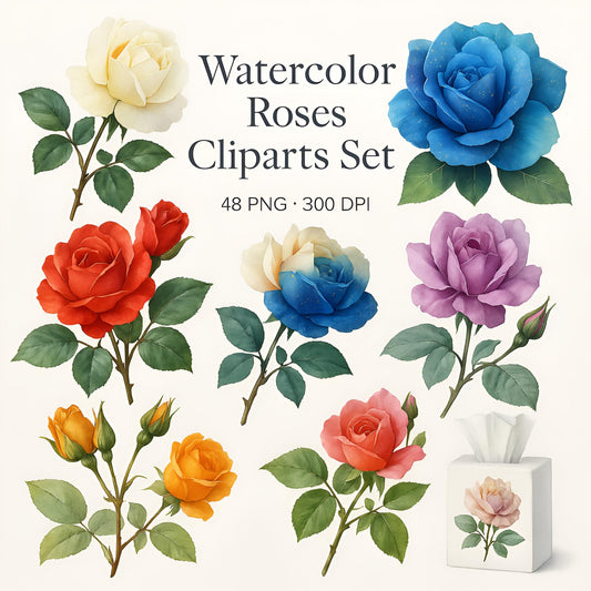 Watercolor Roses Clipart Set: 48 PNG Designs with Transparent Background
