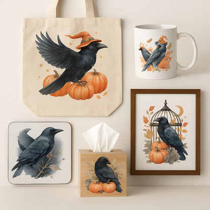 Watercolor Raven Clipart Set: Gothic Halloween Birds (Instant Download, 20 PNG, 300 DPI)