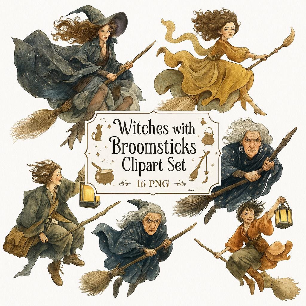 Watercolor Witch Clipart: Broomstick 16 PNG Set (Digital Download)