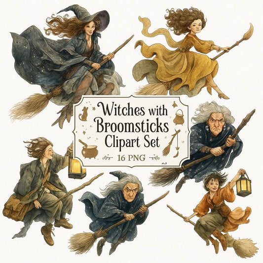 Watercolor Witch Clipart: Broomstick 16 PNG Set (Digital Download)