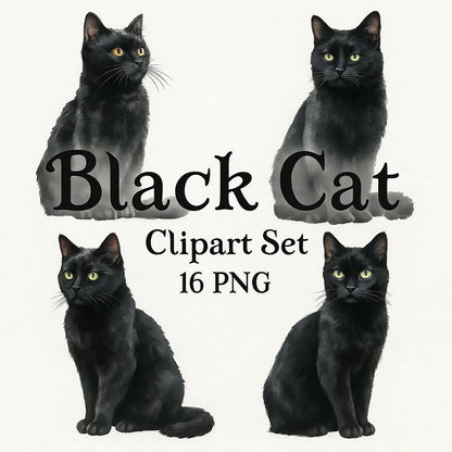 Watercolor Black Cat Clipart Set: Halloween Graphics (16 PNG)