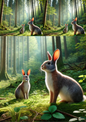 Wall Art Poster / Greeting Card / Sticker Sheet – Rabbit and Hare in the Forest 2 Collage Cat No. 4113