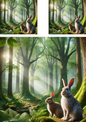 Wall Art Poster / Greeting Card / Sticker Sheet – Rabbit and Hare in the Forest 4 Collage Cat No. 4115