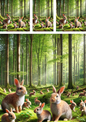 Wall Art Poster / Greeting Card / Sticker Sheet – Rabbit and Hare in the Forest 4 Collage Cat No. 4116