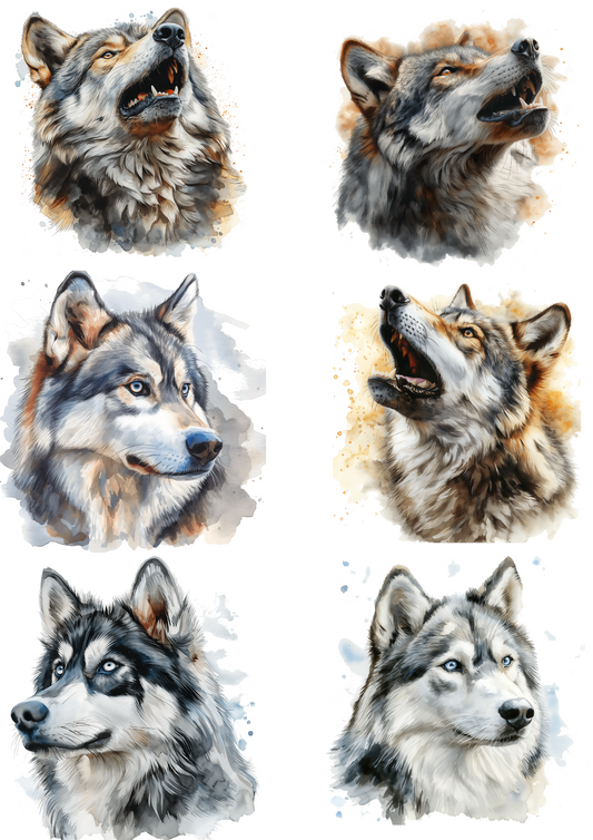 Sticker Sheet – Wolf Watercolor 6 Collage Cat No. 4159
