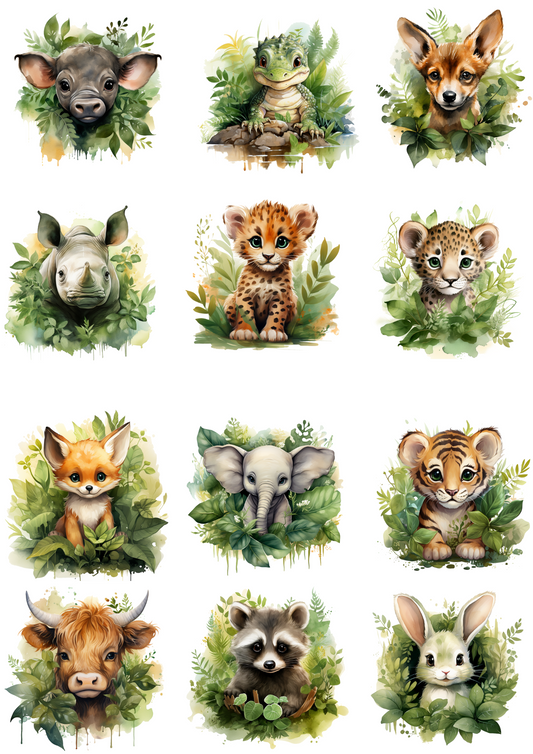 Sticker Sheet – Various Animals Watercolor Collage Cat No. 4193