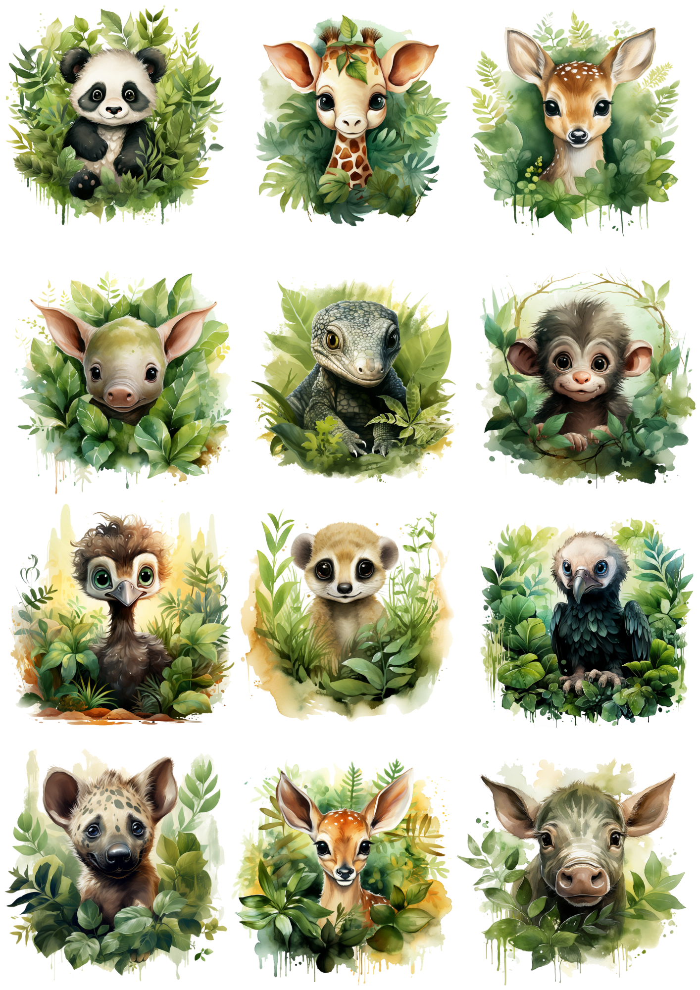 Sticker Sheet – Various Animals 2 Watercolor Collage Cat No. 4194
