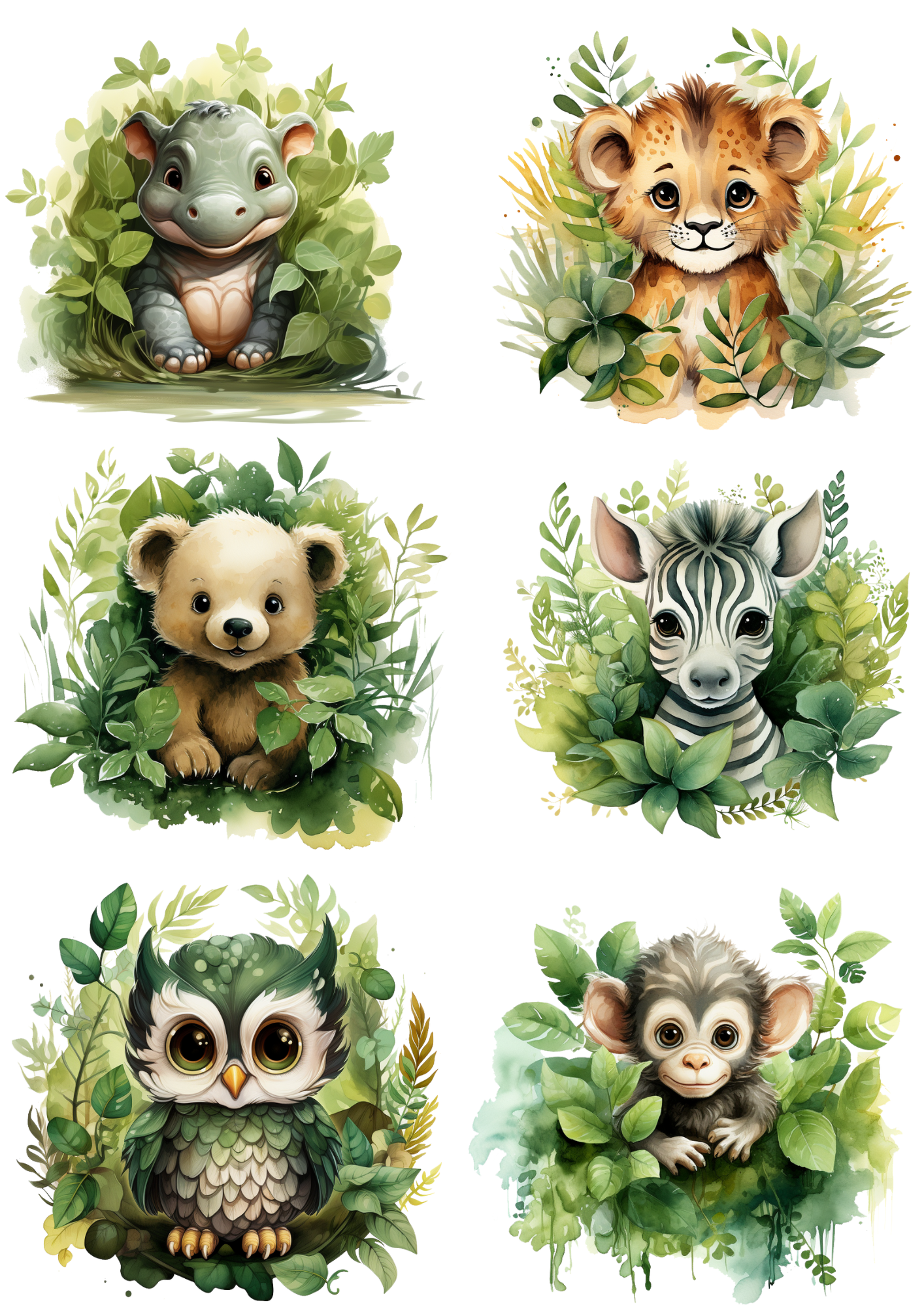 Sticker Sheet – Various Animals 3 Watercolor Collage Cat No. 4195