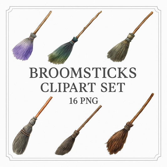 Watercolor Broomsticks Clipart Set: Halloween Witch Art (16 PNG)