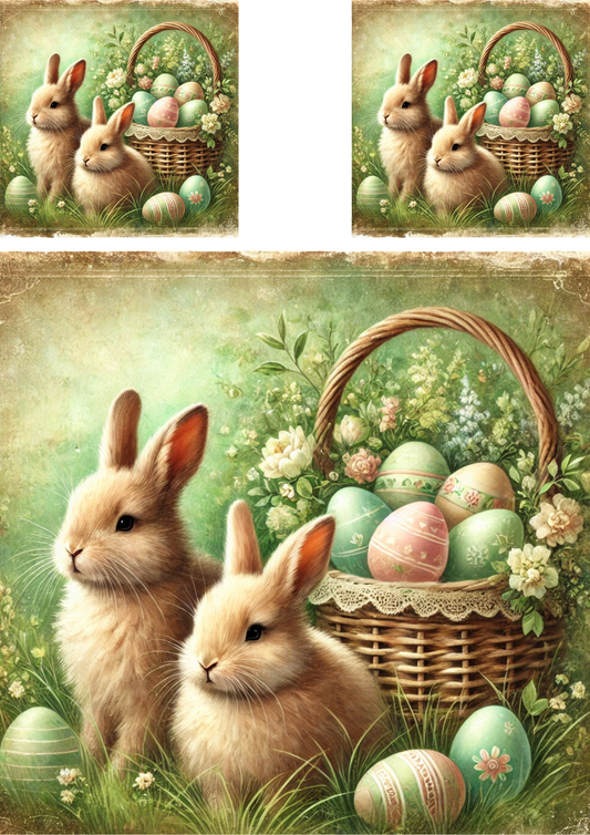 Sticker Sheet – Easter Bunnies With Basket Of Easter Eggs Schabby Chic Collage Cat. No. 4271