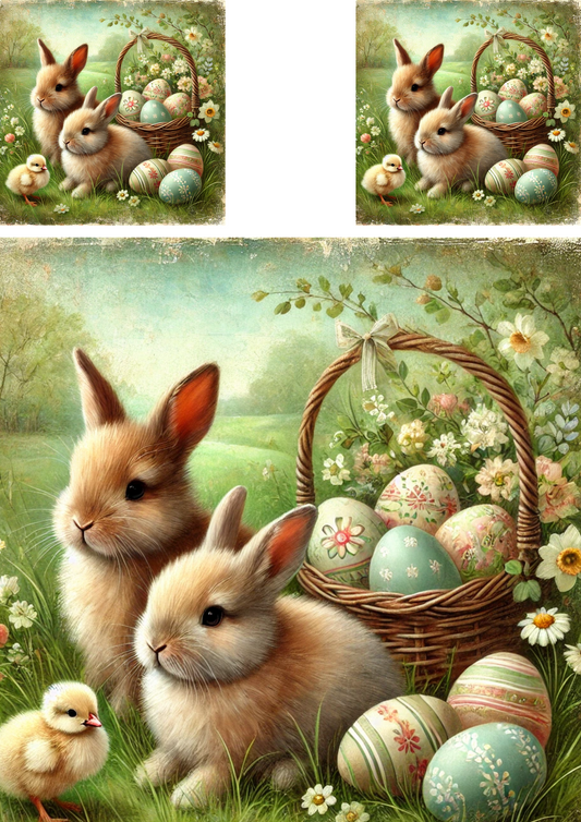Sticker Sheet – Easter Bunnies With Basket Of Easter Eggs 2 Schabby Chic Collage Cat. No. 4272