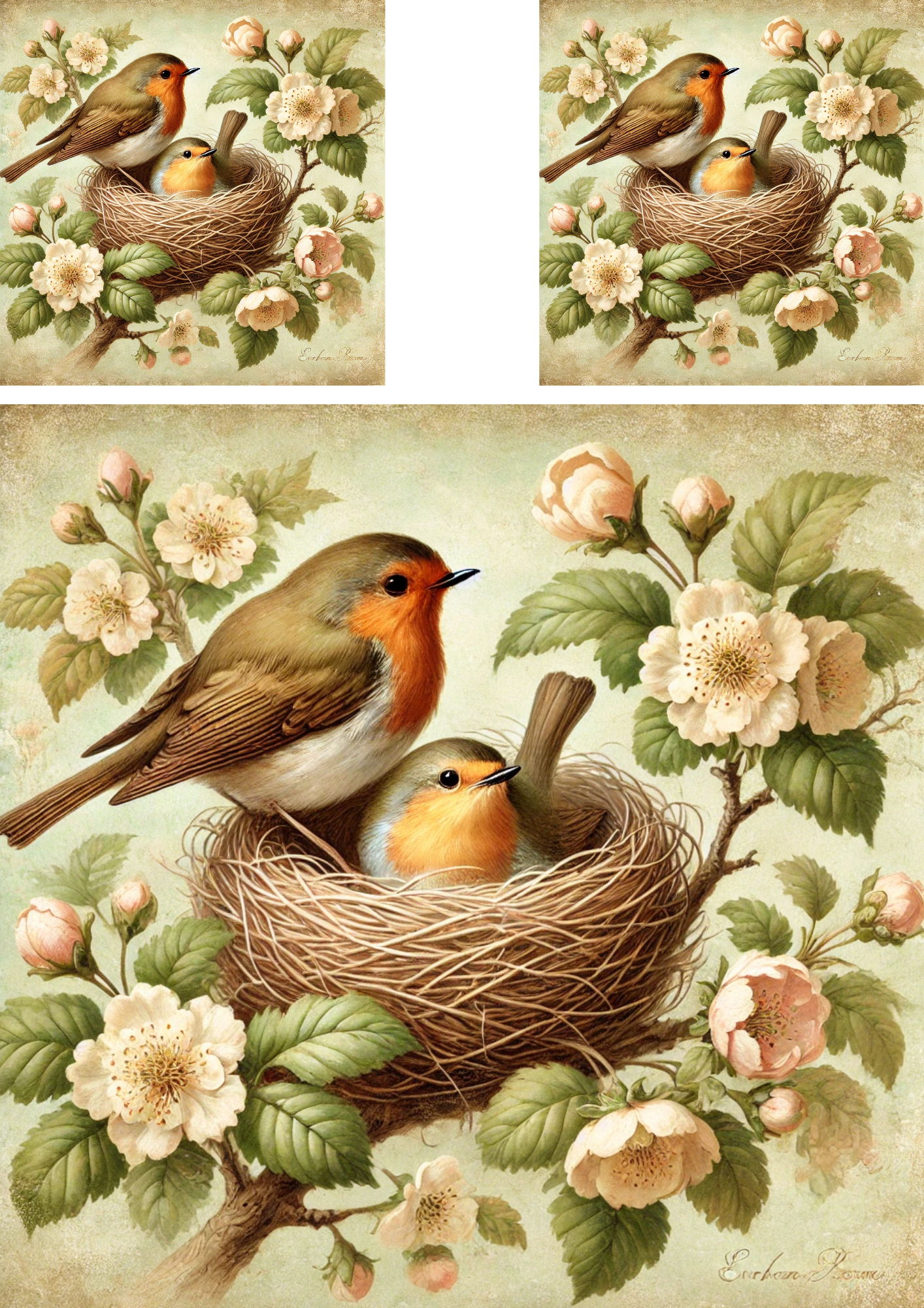 Sticker Sheet – Red Robins In A Nest Among Flowers 2 Schabby Chic Collage Cat. No. 4284