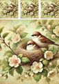 Wall Art Poster / Greeting Card / Sticker Sheet – Sparrows In A Nest Among Flowers Schabby Chic Collage Cat. No. 4285