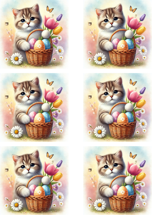 Sticker Sheet – Kitten With Basket With Easter Eggs Collage Cat. No. 4301