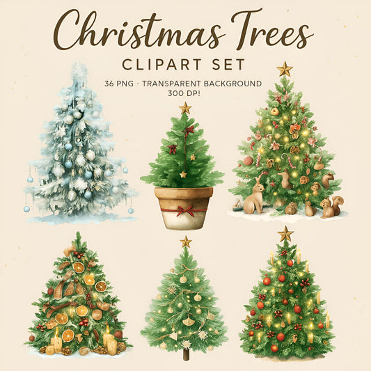 Watercolor Christmas Trees Clipart Set: 36 PNG Designs with Transparent Background