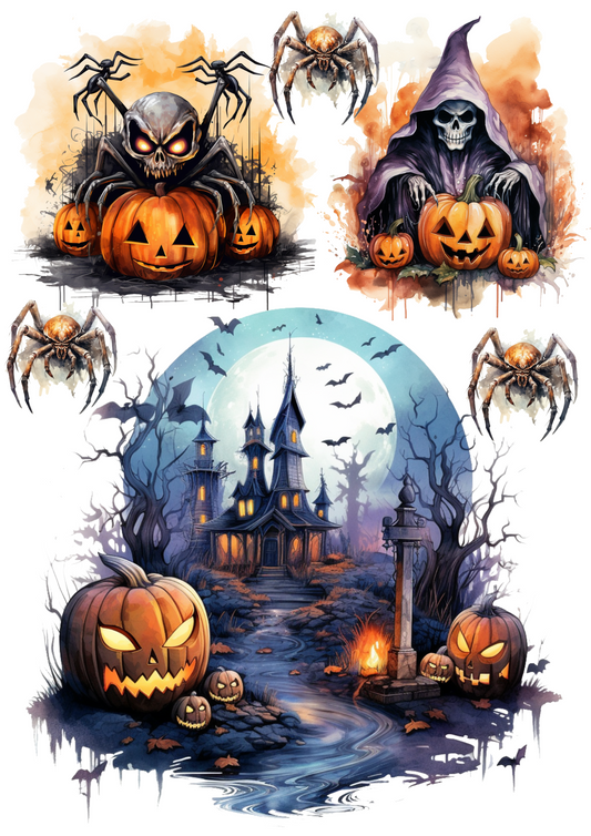 Sticker Sheet – Decoupage Rice Paper Spider and Pumpkins Halloween Collage Cat. No. 4404