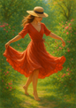 Wall Art Poster / Greeting Card / Sticker Sheet – Woman In Red Dress Dancing Barefoot On Grass Full Cat. No. 4430