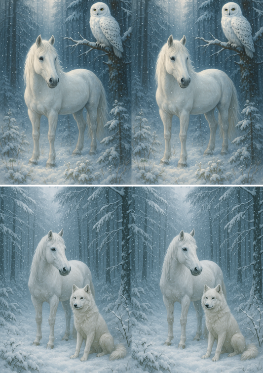 Sticker Sheet – Rice Paper Decoupage White Horse and Owl in Winter Forest Collage Cat. No. 4453