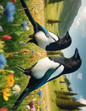 Wall Art Poster / Greeting Card / Sticker Sheet – Magpies In The Meadow Full Cat. No. 4554
