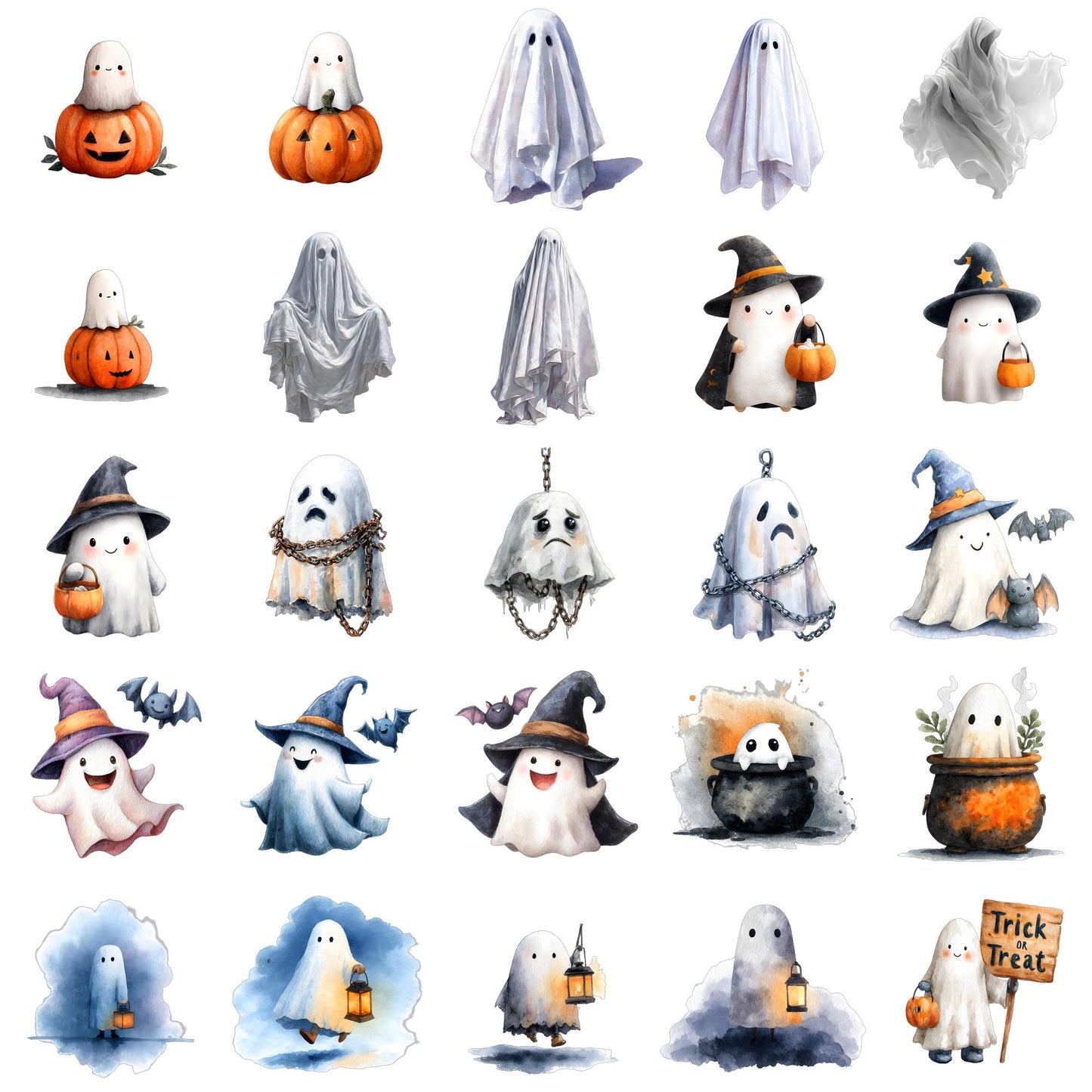 Watercolor Ghosts Clipart Set: Halloween Spooky Spirits (25 PNG)