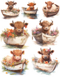 Wall Art Poster / Greeting Card / Sticker Sheet – Rice Paper Decoupage High Land Cow In A Boat Cat. No. 4634