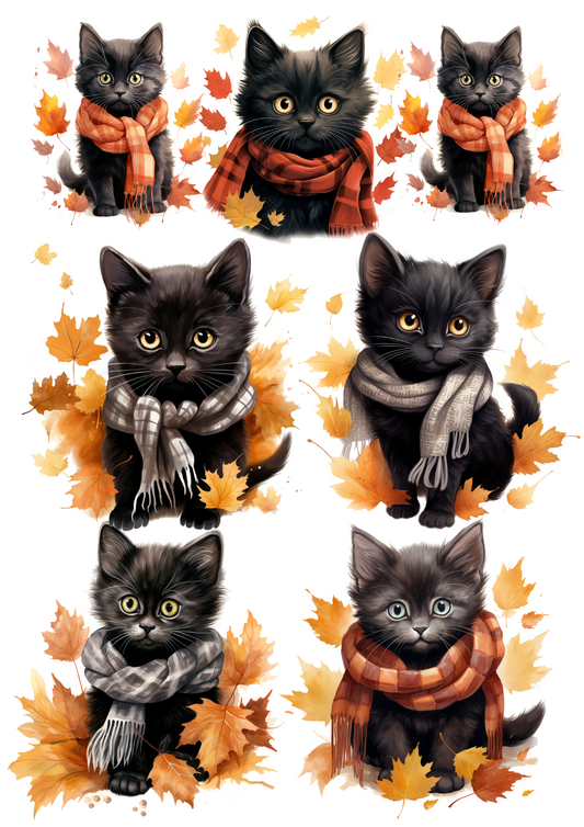Sticker Sheet – Halloween Autumn Black Little Cats In Scarves Cat. No. 4667