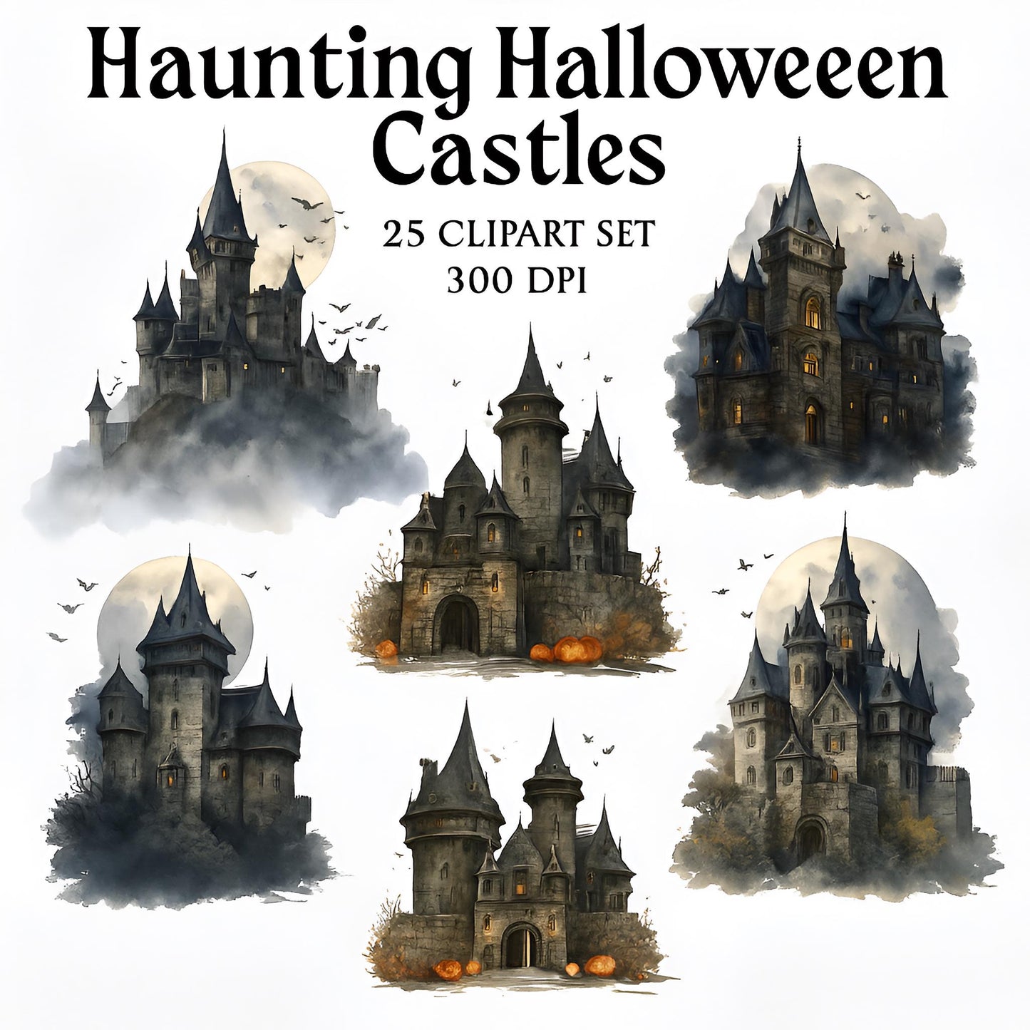 Haunted Castles Clipart Set – 25 PNG – Transparent – Watercolor Style – Spooky Gothic Illustrations – 300 DPI