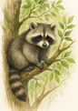 Wall Art Poster / Greeting Card / Sticker Sheet – Raccoon On Branch Full Cat. No. 4714